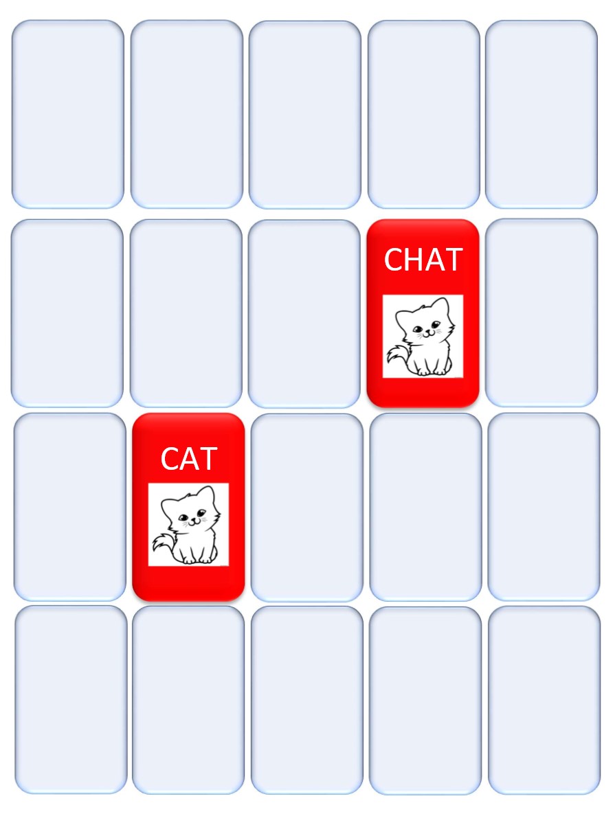 A set of 20 cards
2 cards are fipped over
Cards are,
Red & Have a cat image & have the word CAT written