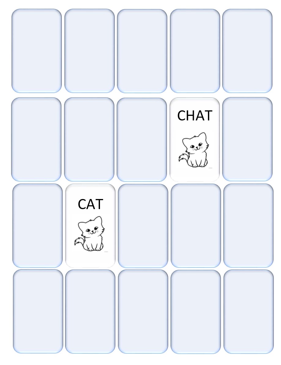 Set of cards
2 cards are flipped over with:
cats' image + written words of CAT in French & English